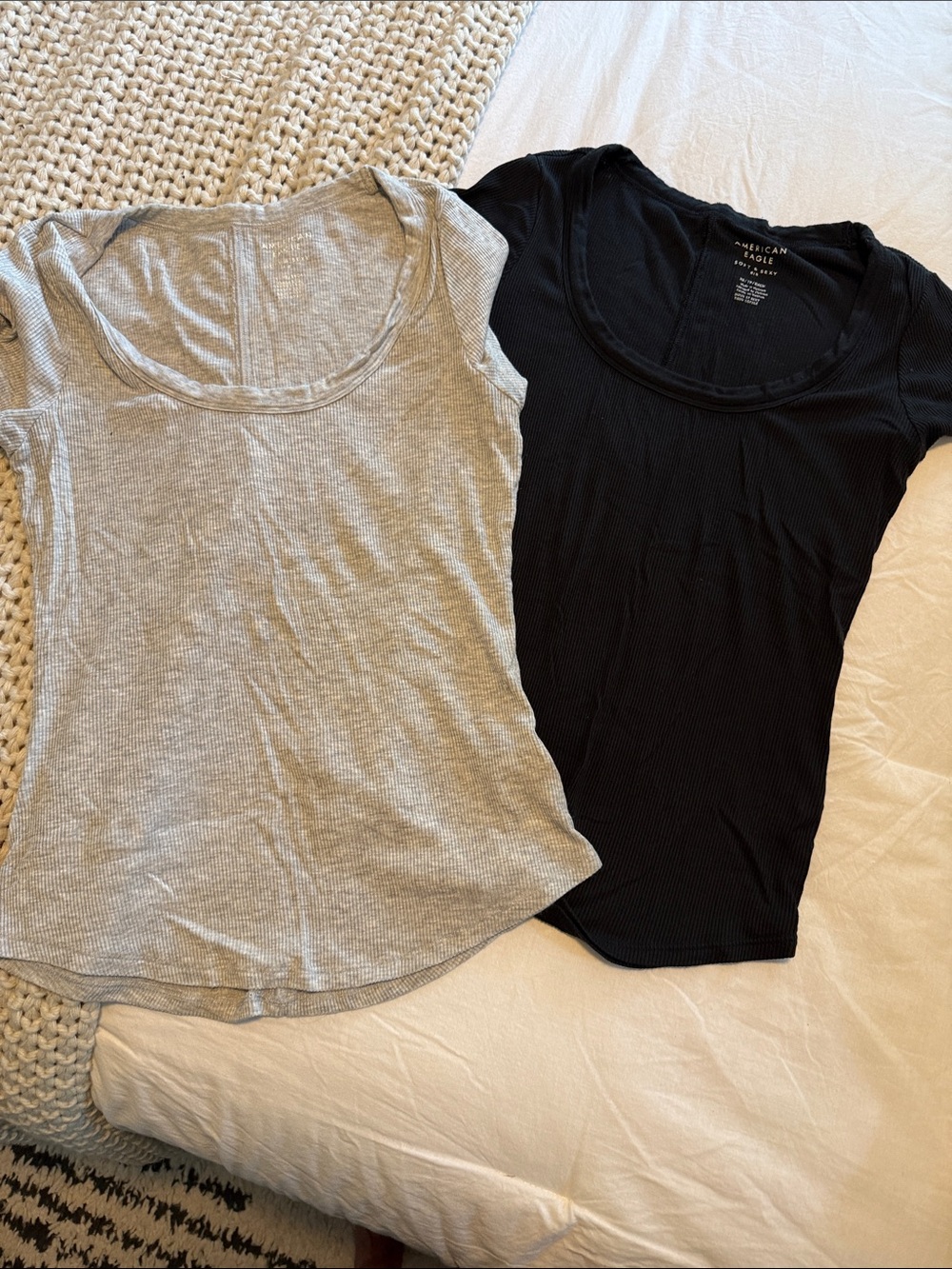 AE Black & Light Gray Scoop Neck Ribbed Tees - Set of 2